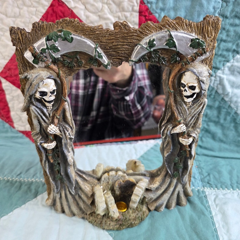 Grim Reaper Skeleton Scythe Gothic Ritual Mirror Candle Holder E.U. Home Decor